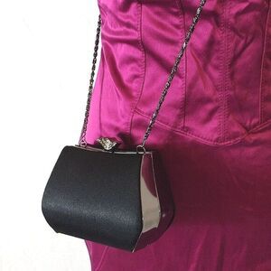 Jessica McClintock VTG Y2K Black Satin Metal Top Mini Clutch Crossbody